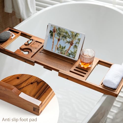 image for Realgulf Teak Bathtub Tray | Adjustable Width Tray with Wine Holder, T