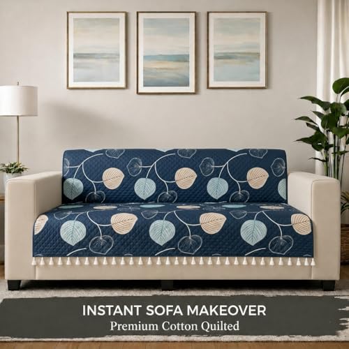 Image of STITCHNEST 'Frostvine Collection' 2 Seater Sofa Cover - Full Coverage| Cotton Quilted Fabric, Decorative Tassels, Washable & Durable for Modern Living