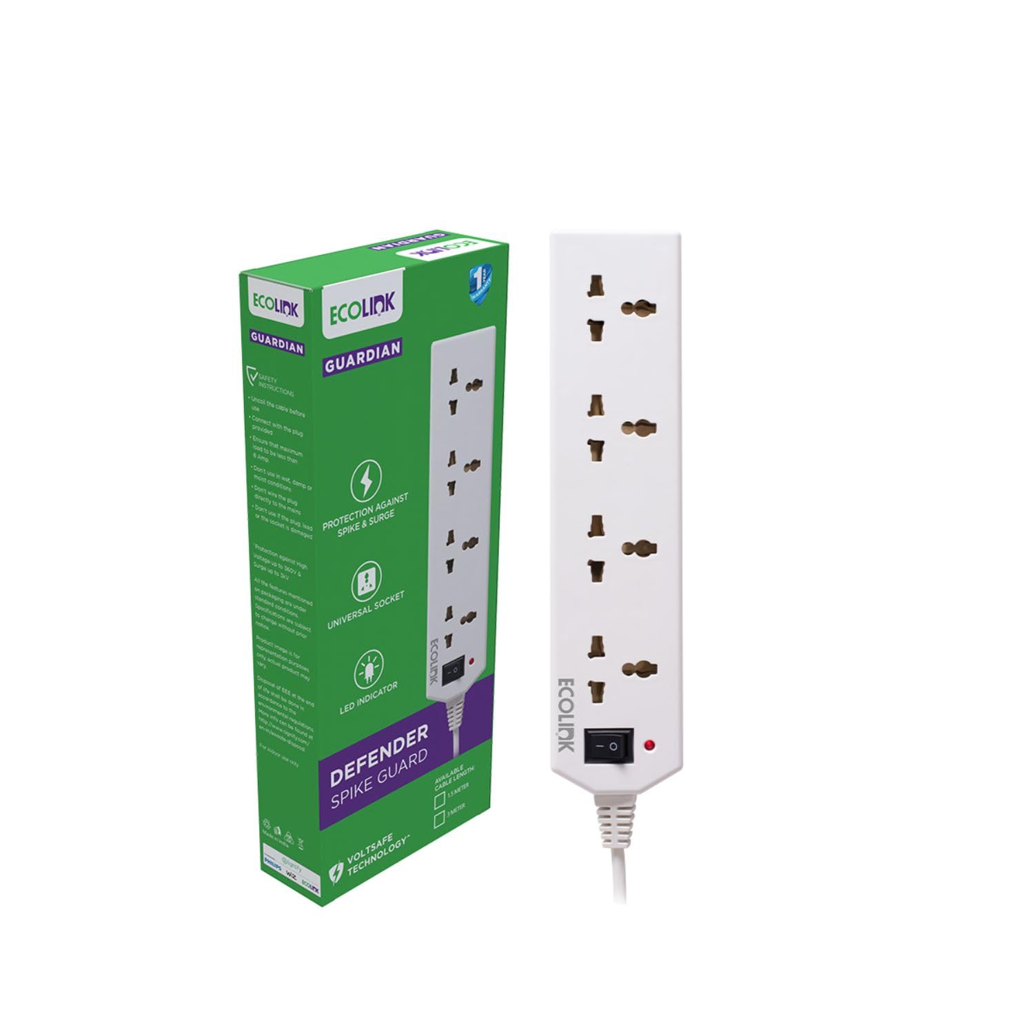 EcoLink Defender Surge & Spike Guard 1.5 M | 4 Socket Extension | Surge Protection | Heavy-Duty Cable | Home & Office | Pack of 1-picture-13
