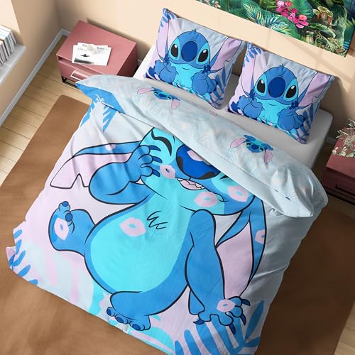 Disney Stitch Housse de Couette et Taie Oreiller Enfant et Ado - Disponible en Taille Simple ou Double (Bleu Stitch Double)