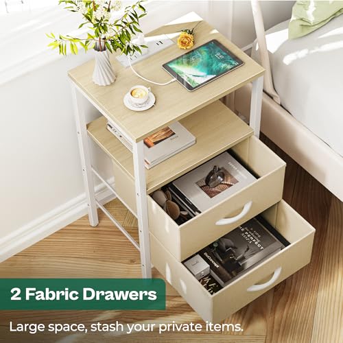 Image of Huuger Nightstand with Charging Station, Side Table with Fabric Drawers | End Table with Open Shelf, Bedside Table with USB Ports and Outlets, Night Stand for Bedroom, Bed Side Table, White Marple