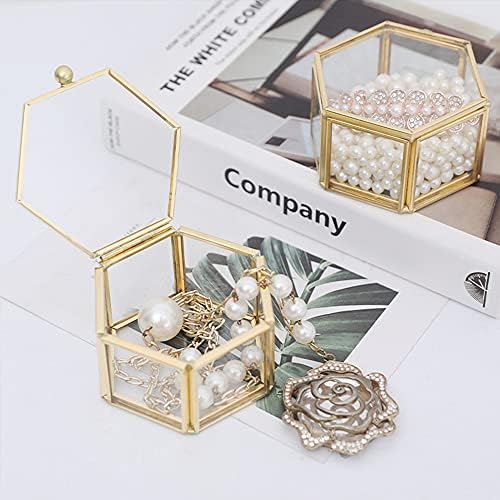Jewelry Display Decorative Box, Geometric Jewelry Box, Gold Glass Jewelry Trinket Tiny Box, Hexagon Glass Jewelry Box, for Storage and Display Rings, Earrings and Flower