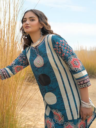 Image of INDO ERA Women's Green Pure Cotton Floral Printed Sequinned Kurta & Pant with Dupatta Set