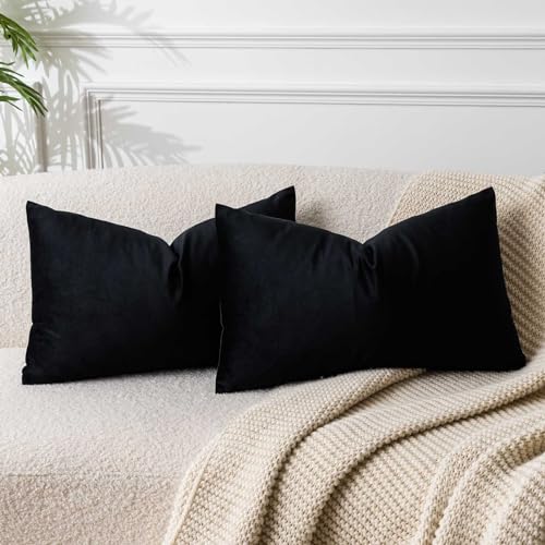 Image of JUSPURBET Black Throw Pillow Covers Set of 2 Decorative Velvet Pillow Covers for Couch Sofa Bed Soft Lumbar Cushion Covers with Invisible Zipper for Living Room Home Decor,14x24 inch