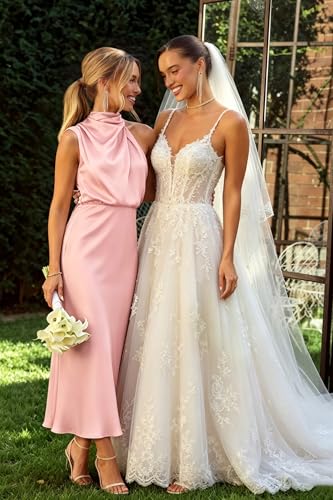 Image of Women's Satin Maxi Dress Summer Formal Wedding Guest Cocktail Dress | Mock Neck Sleeveless,Elegant Silk Midi Long Dress,High Neck,Halter,Aline,Bridesmaid,Bridal Shower Guest,Garden Party,Dinner
