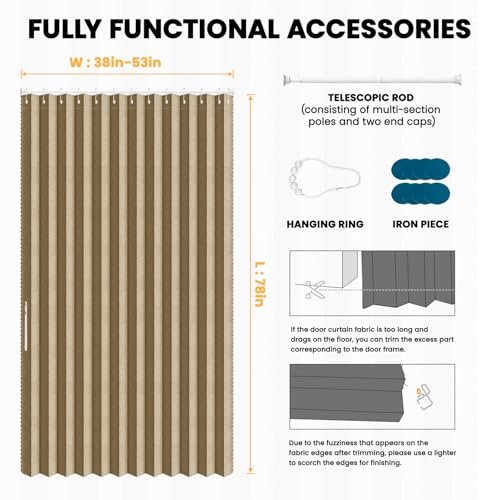 Image of AJAZZ Blackout Door Curtain with Curtain Rods Adjustable 28-52 inch Long Accordion Door Closet Curtain Invisible Applicable Bedroom Room Living Room Doorway (1 Pack, 53 W x 78 L, Brown)