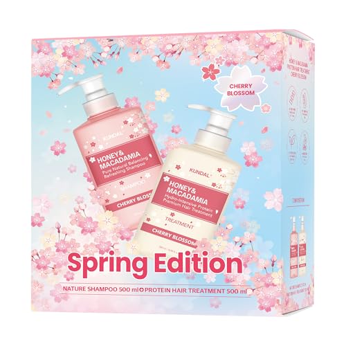 KUNDAL Honey & Macadamia Korean Hair Care Shampoo & Conditioner Limited Edition Gift Set Cherry Blossom 16.9 Fl Oz Pack of 2 - Helps Hair Feel Moisturized with Argan Oil - Natural Protein