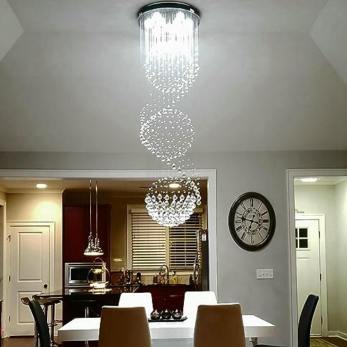 Image of 79-Inch Chandelier for High Ceilings, Modern Spinal Sphere Raindrop Crystal Ceiling Light for Stairs, Entryways, Foyers, Living Rooms, Crystal Strings Pre-assembled for Easier Installation