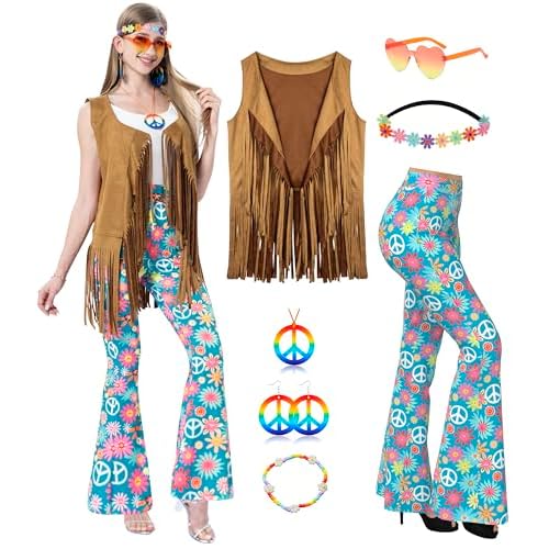 MOLLDAN Women’s 60S 70S Outfits Hippie Costume Retro Peace Sign Fringe Vest Flared Pants Set for Halloween Party Pink-01 Medium