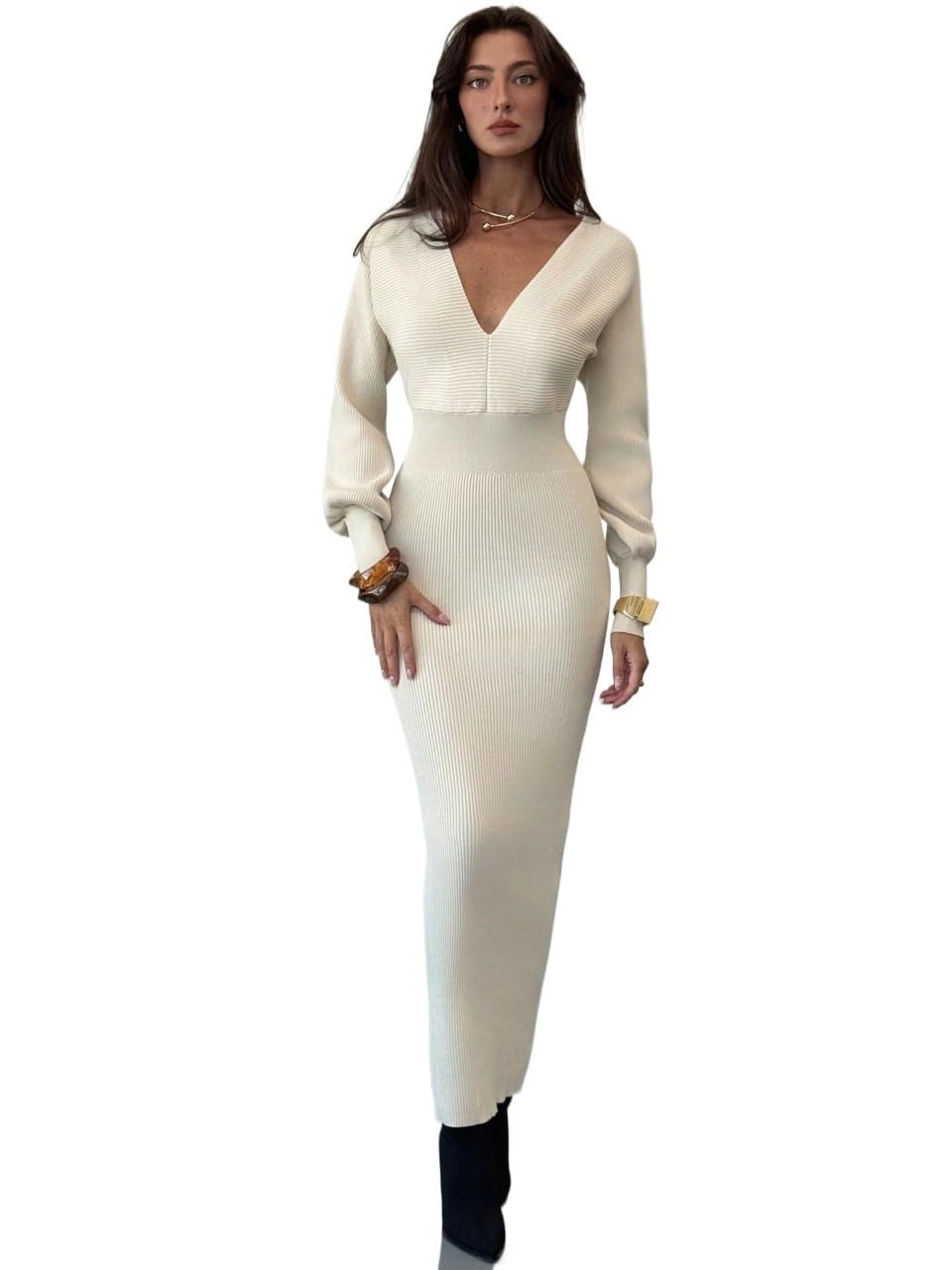 Womens Sweater Dress Winter Clothes Elegant Deep V-Neck Fit Waist Long Sweater Dress