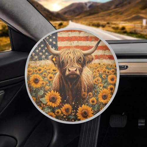 Image of Highland Cow Sunflower Steering Wheel Sunshade Car Interior Sunshade Foldable Car Steering Wheel Sun Shade Cover Car Interior Accessories for Sun Heat for Car Truck SUV