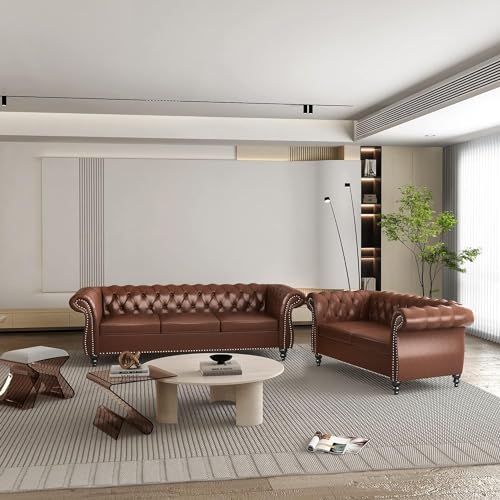 Image of WOODEN WORLD Modern & Classic Leather Sofa Set - Luxurious Comfort, Stylish Design, and Durable Build (Brown, 3+2 Seater)