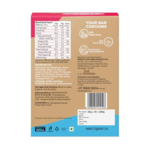 Image of Yogabar Vanilla Almond Multigrain-Energy Bars - Pack of 10, Healthy Diet Snacks with Dates, Oats and Millets, Gluten Free and High Protein Crunchy Nut Bar, Packed with Chia and Sunflower Seeds