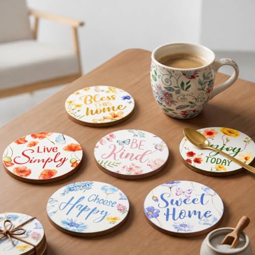 Image of Zesta Coasters for Cups Set of 6 / Wooden Coasters for Bar Accessories for Home /Tea Coaster Set of 6 / Waterproof Dining Table Decor Glass Cover (Modern Home, Circle)