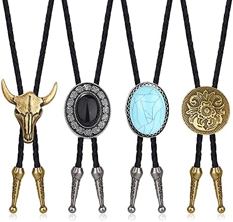 CASSIECA 4Pcs Handmade Bolo Tie for Men Western Cowboy Leather Necktie Halloween Costume Accessories for Men Women