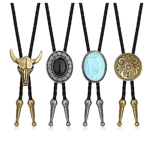 CASSIECA 4Pcs Handmade Bolo Tie for Men Western Cowboy Leather Necktie Halloween Costume Accessories for Men Women