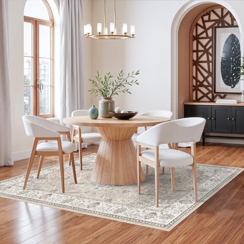 5x7 Living Room Area Rugs: Washable Non-Slip Stain Resistant Rug for Bedroom Dining Room Vintage Ultra Soft Indoor Carpet for Nursery Kitchen Farmhouse Thin Floor Mat for Home Office (5x7 Beige)