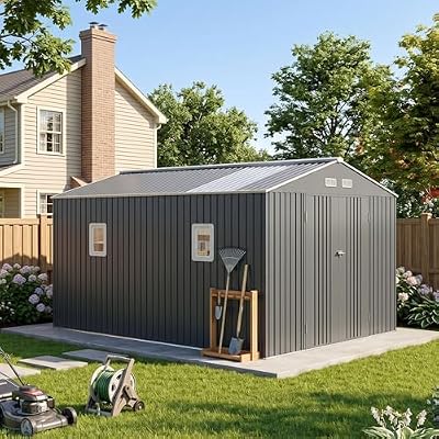 Outdoor Storage Shed 10x12 FT Reinforced Frame Metal Shed with Clear Roof, Air Vent & Lockable Door Large Garden Sheds for Backyard, Patio