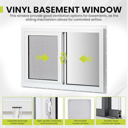 Ventana de vinilo para sótano de 32 x 20 pulgadas con doble panel templado y mosquitera 5