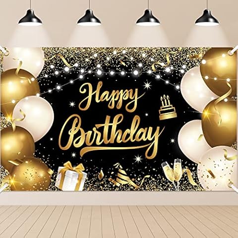 DAZAKA Hintergrund Geburtstag Deko Schwarz Gold Thema 180 x 110 cm Happy Birthday Partybanner Cover
