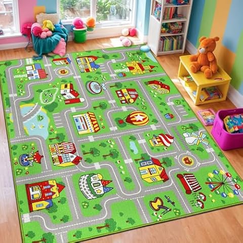 Capslpad Kid Rug for Playroom Green Play Rug Traffic Road Car Play Mat 6.6x5.0ft Educational Learning Area Rug Washable Kids Carpet for Children Bedroom,Playroom,Nursery Room Decor Cover