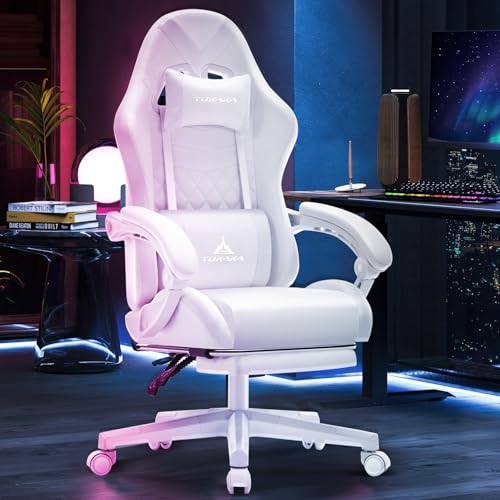 White Gaming Chair,Ergonomic Massage Computer Office Desk Chair with Footrest,Pocket Spring Cushion,Reclining Leather Adjustable Gamer Chair with Headrest and Lumbar Support,White - Image 3
