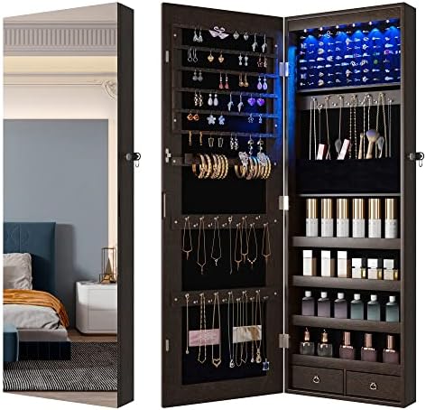 HNEBC Wall Mounted Jewelry Organizer with 6 LED Lights, Jewelry Armoire with Mirror, Full Length Mirror Jewelry Cabinet, Mirror with Jewelry Storage, Wall Mounted/Door Mounted/Jewelry Armoires (brown)