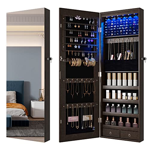 HNEBC Jewelry Cabinet with Lights, Mirror with Jewelry Storage,Brown