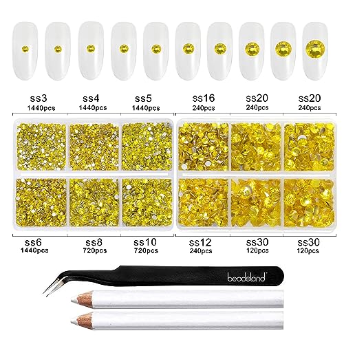 Image of Beadsland 8300PCS Flatback Rhinestones, Yellow Rhinestone Nail Gems Round Crystal Rhinestones for Crafts, Mixed 10 Sizes with Wax Pencil and Tweezer Kit, SS3-SS30, Citrine /Lemon Yellow