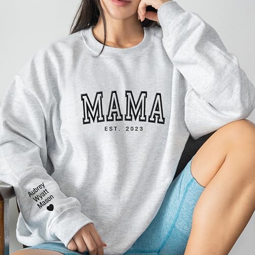WEAR PHYSIQUE Custom Embroidered Mama Sweatshirt, Personalized Sleeve with Names, New Mom3