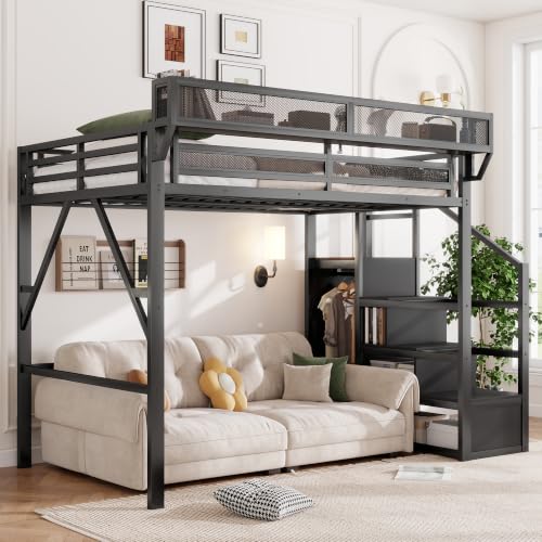 KEIKI Full Metal Loft Bed with Stairs