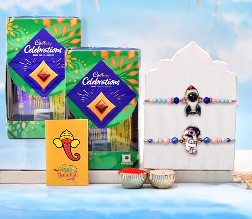 CraftVatika Set of 2 Rakhi Gift for Brother Kids with Chocolate Combo, Rakhi Set of 2 with Chocolate Gift for Brother Bhaiya Kids Baby Boy, Premium Astronaut Rakhis with Chocolates and Roli Chawal Tika Gift Hamper Deal