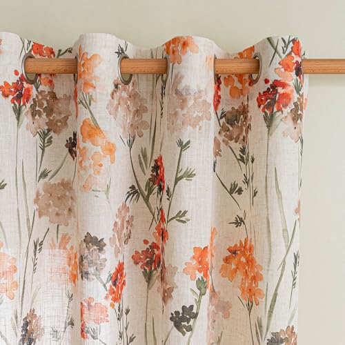 Image of MYSKY HOME Orange Linen Floral Curtains Semi Sheer Grommet Drapes Light Filtering & Privacy Protect, Farmhouse Window Treatments for Bedroom Living /Dining Room,52 inchx95 inch,2 Pcs