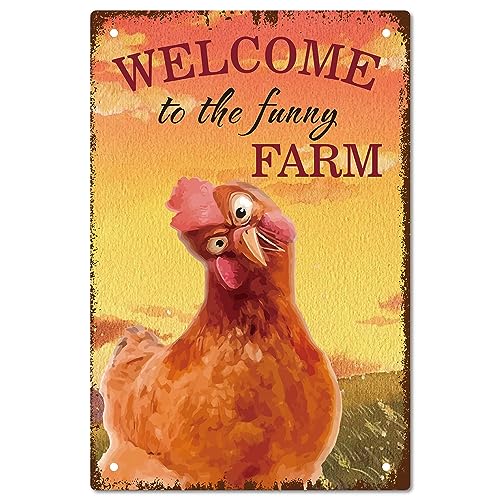 CREATCABIN Welcome to The Funny Farm Sign Chicken Metal Tin Sign Coq Vintage Peinture Affiche Plaque Rétro Fer Signe Mural Suspendu Mur Art Décor pour Salle Bains Restaurant Maison Cafés 20x30cm