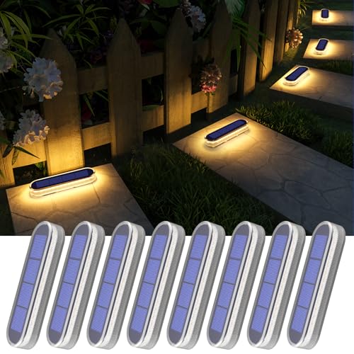 YiLaie Solar Step Lights Outdoor Waterproof Dock Deck Stair Stick on Lights Solar Powered for Outside RV Decor Strips Garden Front Porch Patio Auto ON/Off (Warm White 8 Pack)