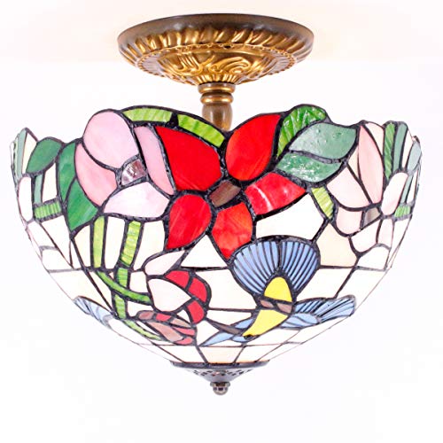 Werfactory Tiffany Ceiling Light Fixture Hummingbird Amber Stained Glass Semi Flush Mount Lamp Wide 12 Inch, Height 11 Inch S101 Series #TOP4