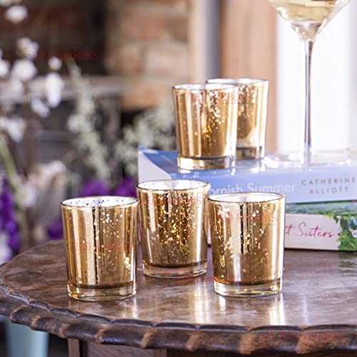 Image of TIED RIBBONS Pack of 12 Glass Tealight Candle Holders Glass Votives - Diwali Decorations Items for Home Decor Dining Table Gifts (Big Size, Golden)