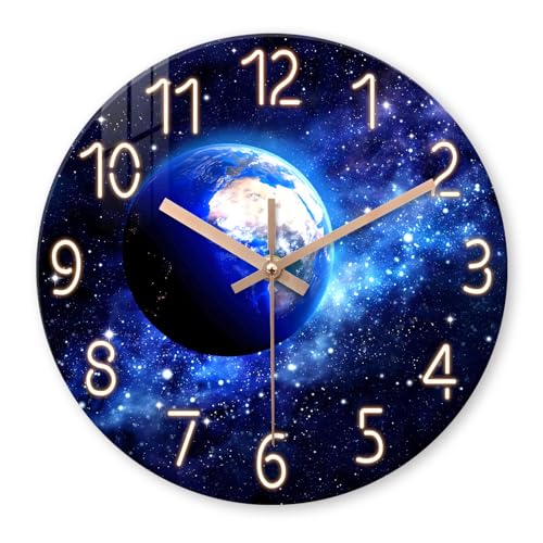 Image of XFM Blue Earth Glass Wall Clock for Living Room 12 Inch