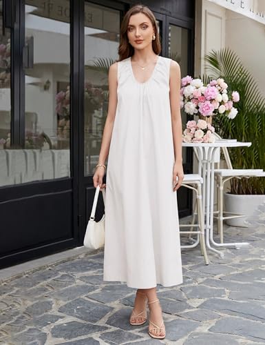 Image of Livtany Women's Scoop Neck Ruched Maxi Dress Flowy Swing Wide Straps Long Dress Casual Sleeveless Sundress with Side Pockets