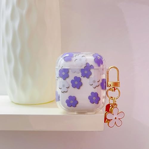 Miniatura 2 de Funda para AirPods de 21 generación con llavero, bonita funda protectora para auriculares con flores moradas y flores, TPU suave y transparente para