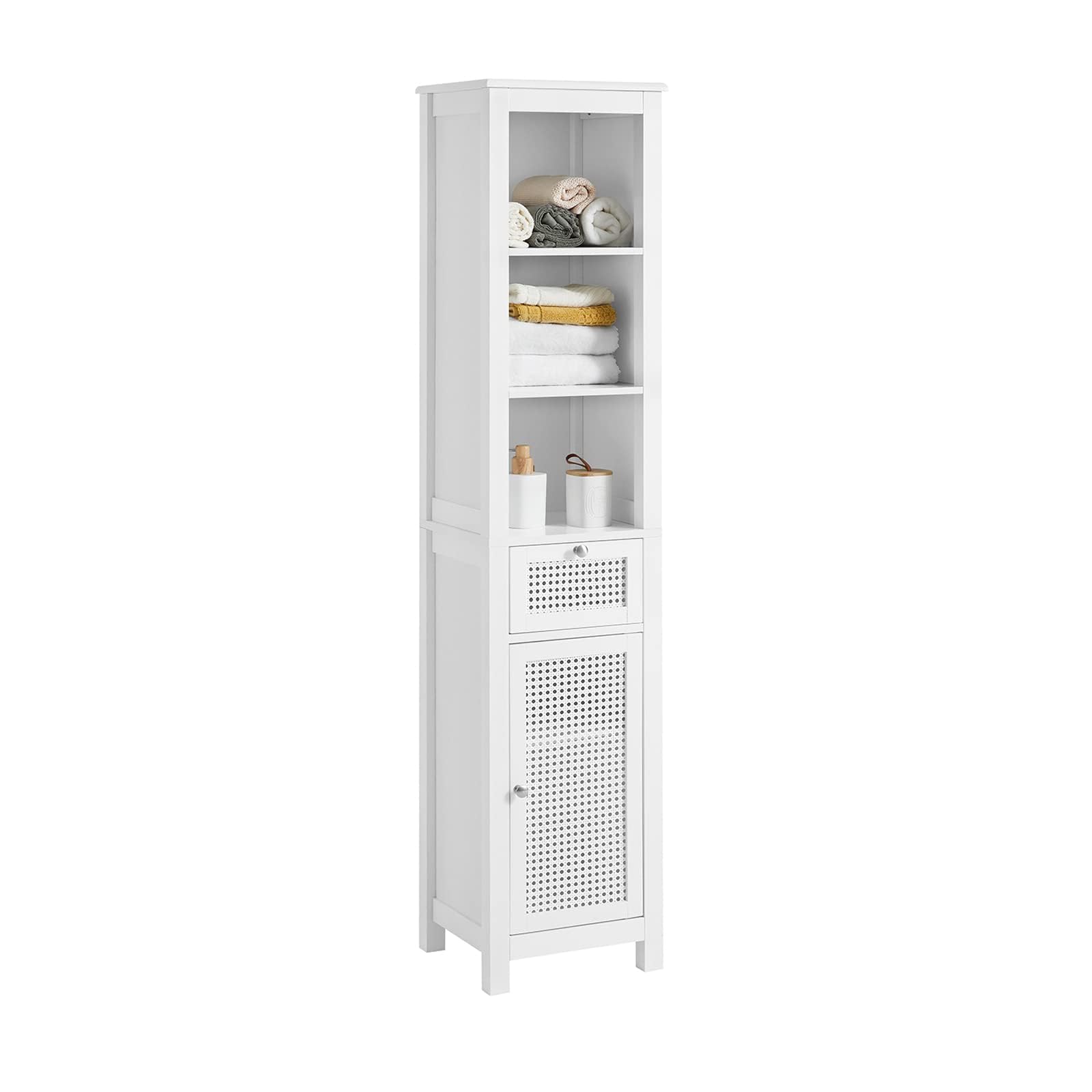 SoBuy BZR36-W Badezimmer-Hochschrank mit Gitteroptik – Weiß, 3 offene Fächer, 1 Tür, 1 Schublade