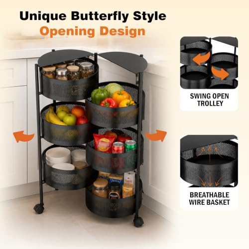 Image of JD FRESH 6 Tier Metal Rotating Kitchen Trolley /360-Degree Rotating Wheels with Expandable Side Opening Design /Movable Butterfly Trolley and Storage Shelf for Kitchen, Livingroom or Bathroom (Black)