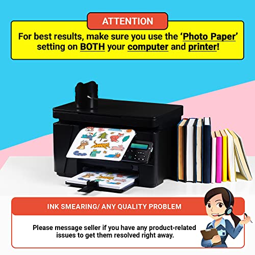 Premium Printable Vinyl Sticker Paper For Inkjet & Laser Printer - 34 Sheets Self-Adhesive Sheets Glossy White Waterproof, Dries Quickly Vivid Colors, Holds Ink Well- Tear Resistant (Glossy) #TOP1
