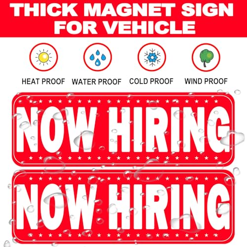 Image of 2 Pack Now Hiring Magnet for Cars and Trucks, 11.8 * 3.9 Inch Magnetic Car Signs with Strong Hold for Delivery Drivers, Business, Restaurants - Easy to Remove, Reusable Vehicle Magnet(Red-now hiring)