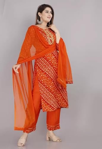 Ambrosy Fashion|| Women's Cotton Rayon Bandhej Printed Kurta Palazzo and Dupatta|| Readymade Party and Casual Wear Salwar Suit with 3/4th Sleeves