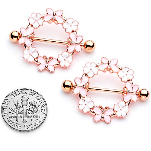 Body Candy 14G Womens Nipplerings Piercing PVD Steel 2Pc Rosy White Flower Butterfly Nipple Shield Set 9/16" - Thumbnail 5