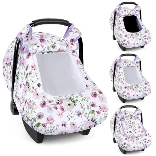 Image of Baby Car Seat Cover Winter, Windproof Carseat Covers for Newborn with 2 Layers Window, Purple Flowers Infant Car Seat Canopy for Boys and Girls with Minky Dot Backing, Keeps Babies Warm and Cozy