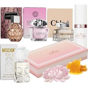 Scentown Mini Perfumes for Women (Set of 5) – Designer Perfume Samples for Women Packed in an Elegant Gift Box – Includes Moschino, Jimmy Choo, Chloé, Versace & Empty Refillable Perfume Atomizer
