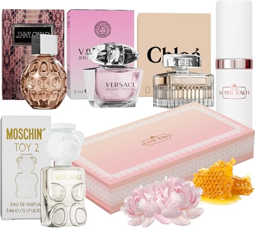 Women's Perfume Gift Sets Bundle Mini Bottle – Designer Womens Perfume Sampler Sets with Refillable Atomizer – Bundle Includes Versace, Moschino, Chloe, Jimmy Choo Travel Size 0.15 Oz Each