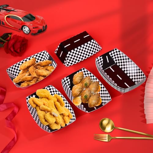 AIOMOB 50 Pcs Racing Car Paper Food Boats Checker Nacho Trays Disposable Racing Party Food Boat Black and White Plaid Food Serving Tray for Racing Theme Birthday Party Popcorn Nacho Snack Hot Dog by AIOMOB - Image 4